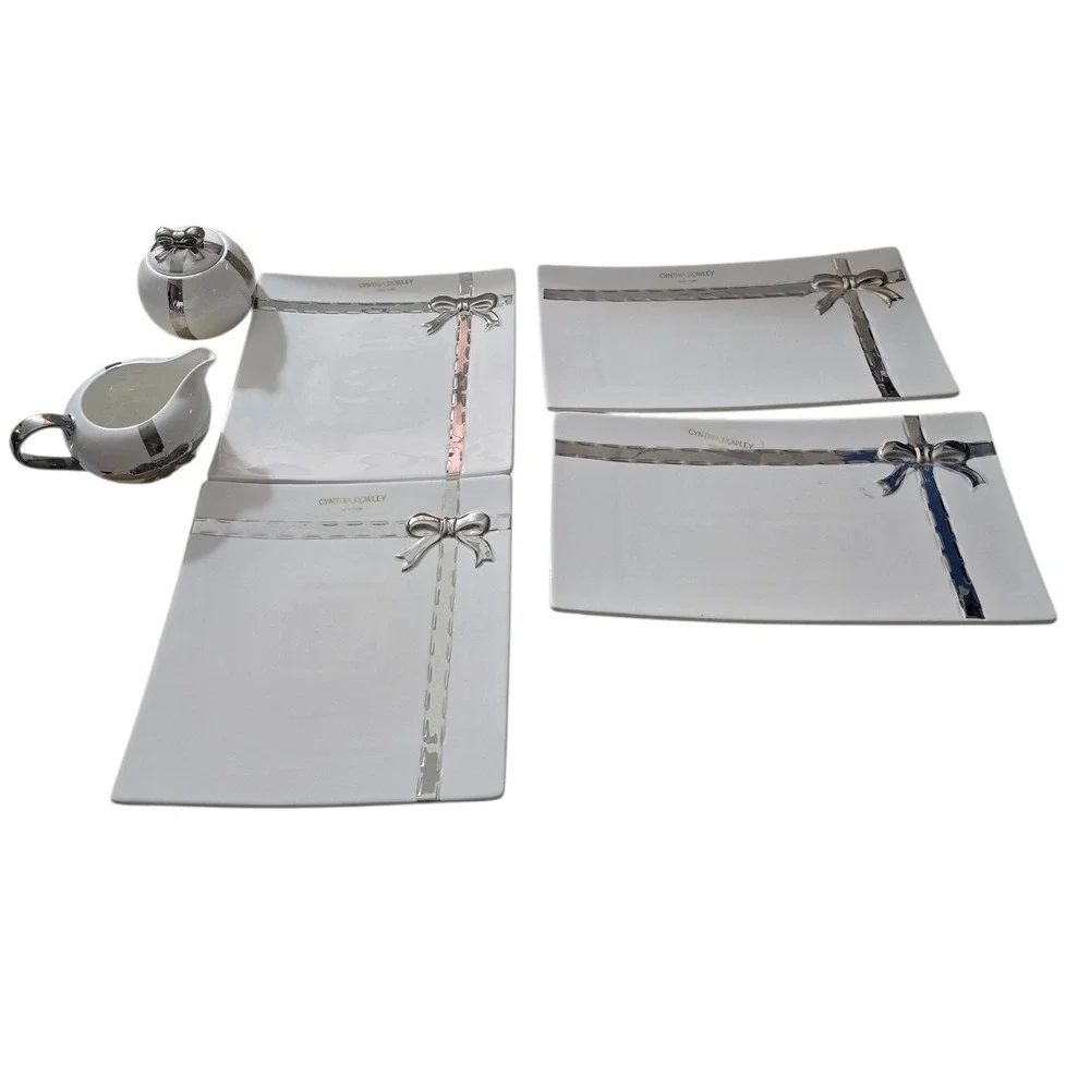 Cynthia Rowley White Silver Ribbon Bow 6pc Serving Set Plates Creamer Sugar Bowl